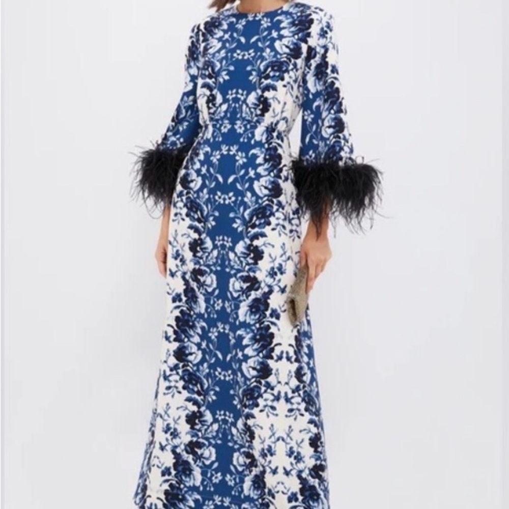 Tuckernuck Blue and White Long-Sleeve Floral Maxi Dress with Feather Cuffs